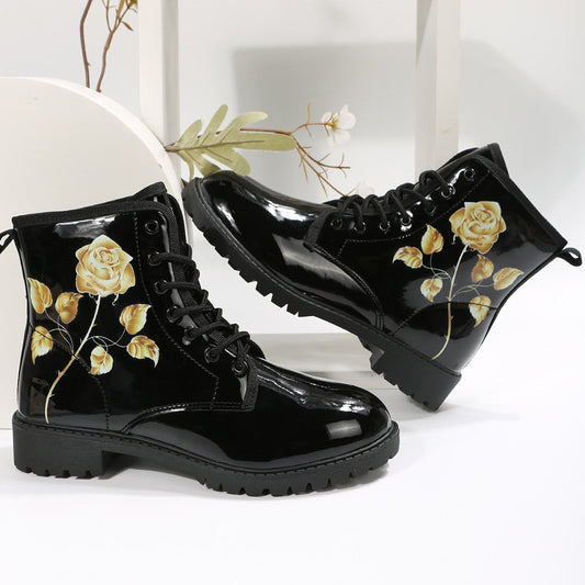 New round toe lace-up printed ankle boots