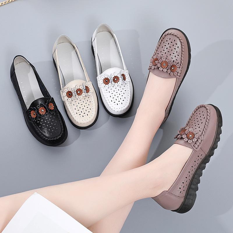 Genuine leather cutout flat casual shoes