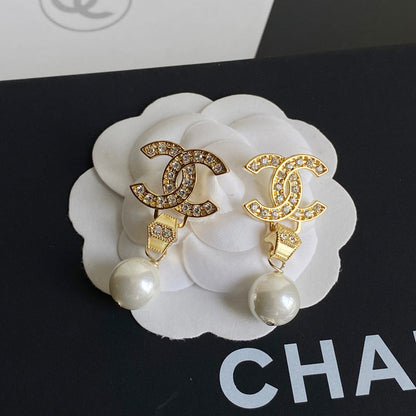 Fashion Elegant Pearl Pendant Diamond Earrings