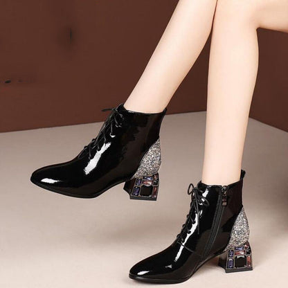 Square toe women's shoes with thick heel sequin stitching lace-up ankle boots